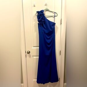Xscape Blue Asymmetrical Ruched Gown